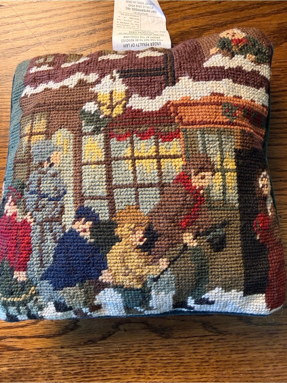 C&F Enterprises Wool Needlepoint Christmas Village Carolers Pillow 10”